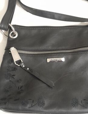 Rosetti Black Floral-Embossed Crossbody Purse with Silver Hardware